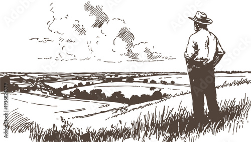 Farmer standing on hill rural farmland horizon. Agricultural worker observing wide countryside panorama and fields. Pencil hand drawn sketch illustration style, banner for agriculture projects.