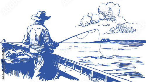 Fisherman casting net from small wooden boat. Man fishing alone on calm sea horizon. Background for marine theme. Vintage crayon drawn sketch illustration style.