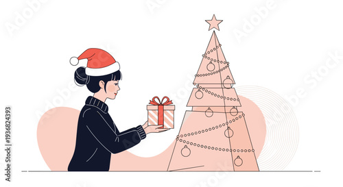 Young woman in a red Santa hat placing a wrapped gift box onto a geometric minimalist Christmas tree decorated with ornaments and lights.