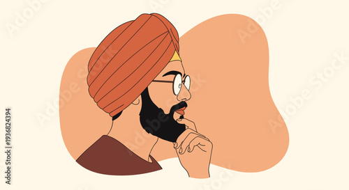 Profile view of a pensive man wearing a traditional orange turban and glasses while resting his hand on his chin in deep thought.