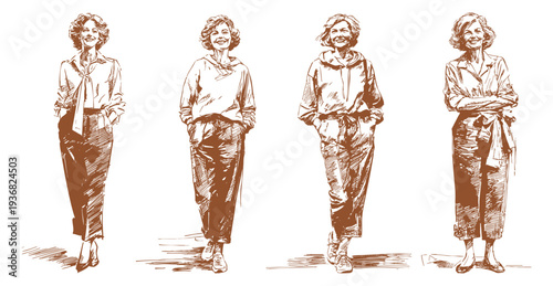 Elegant mature woman standing confident business character. Background for corporate branding and professional presentation. Hand crafted pencil sketch illustration style with vintage lines.