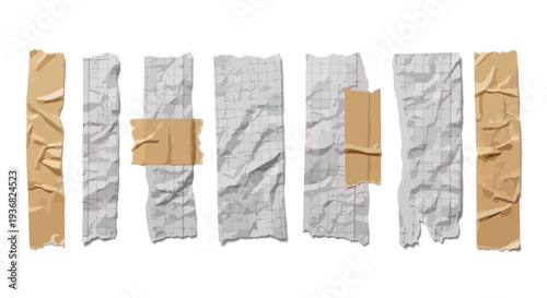 Set of 7 Crumpled Paper and Brown Duct Tape Strips Vector