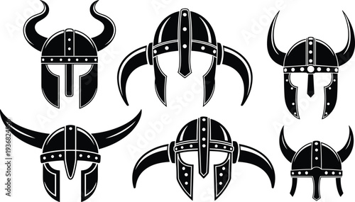 Viking helmet vector icon set, ancient nordic warrior headgear silhouettes, medieval barbarian armor for creative design