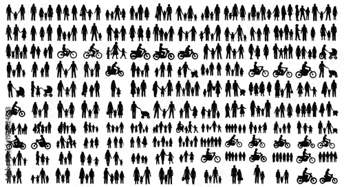 Large Set of Diverse People and Bicycle Silhouettes Vector