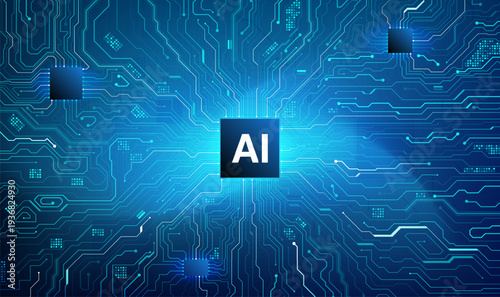 AI Processor Multi-Chip Glowing Circuit Board Dark Blue Technology Banner Vector