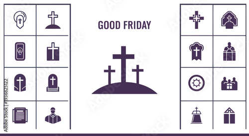 Good Friday Christian Symbols: Crosses, Tomb, Bible, Clergy, Church Icons