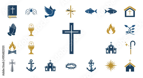 Christianity Symbols Collection: Cross, Bible, Dove, Fish, Church, Praying Hands, Holy Communion