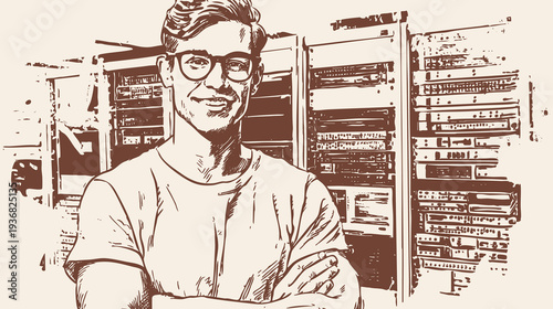 IT engineer portrait standing near server racks. Smiling technician with crossed arms in data center. Pen hand drawn line sketch style. Banner for technology services.
