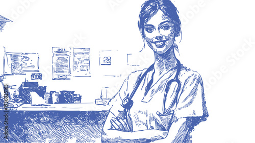 Smiling nurse portrait medical office hospital interior. Blue pencil sketch style. Vector outline illustration for healthcare advertising, clinic brochures and medical staff concepts.