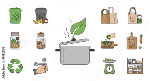 Zero Waste Kitchen Icons: Composting, Cooking, and Sustainable Living Elements