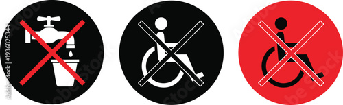 Prohibition icons showing no drinking water and no wheelchair accessibility, restriction symbols for safety, facility signage, and public communication design.