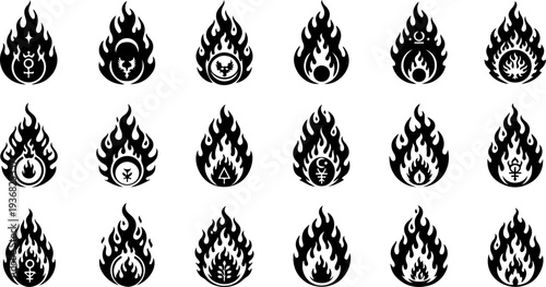 Mystic Sacred Symbol and Flame Eye Black Silhouette Vector Set