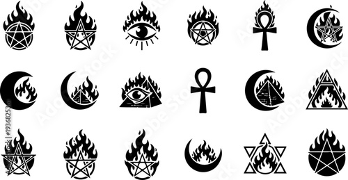 Mystic Sacred Symbol and Flame Eye Black Silhouette Vector Set