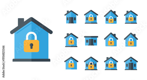 Secure Home Icons: House with Padlock and Collection of Security Symbols