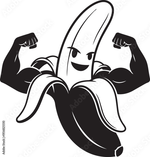 A strong banana character flexing its muscles with a cheerful expression