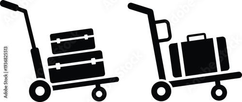 Black silhouette luggage carts with suitcases, travel baggage icons for airport, hotel, tourism, transportation, baggage handling, and travel services.