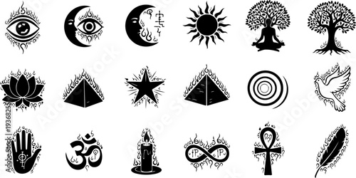 Mystic Sacred Symbol and Flame Eye Black Silhouette Vector Set