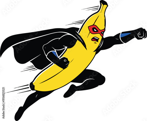 A superhero banana flies through the air with a determined expression