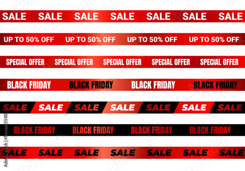 Red foil discount tape for sale banner, silk ribbon isolated on white background, up to 50% off promotion, modern shopping advertisement element, black friday, special offer. Vector EPS10