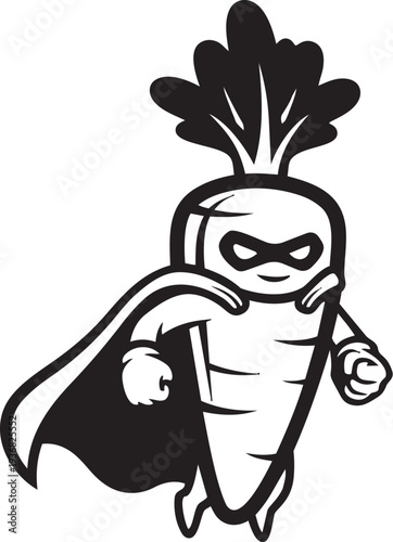 A superhero carrot flies with a cape and determined expression