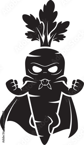 Superhero radish character with cape and clenched fists black silhouette