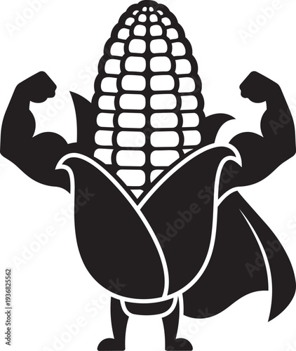 Anthropomorphic corn cob flexing muscles with a cape black and white