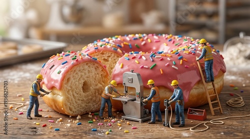 Ultra-realistic miniature construction workers cutting a giant glazed donut