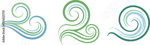 Set of three abstract swirling wave designs in blue and green colors on white background