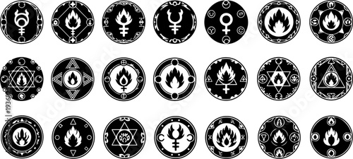Mystic Sacred Symbol and Flame Eye Black Silhouette Vector Set