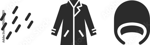 Icons representing rain, a trench coat, and a beanie hat for outdoor weather protection
