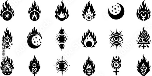 Mystic Sacred Symbol and Flame Eye Black Silhouette Vector Set
