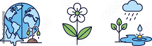 Climate change icons showing melting earth, healthy plant, and extreme weather events