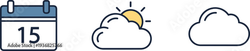 Calendar icon with number 15, sun behind cloud icon, and cloud icon on white background