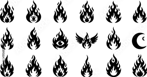 Mystic Sacred Symbol and Flame Eye Black Silhouette Vector Set