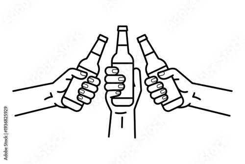 Bottle icon of three hands holding beer bottles in a toast