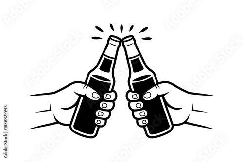 A beer bottle icon with two hands clinking bottles together in celebration