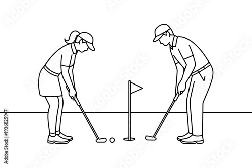 Golf players in action on a golf course with flag and ball