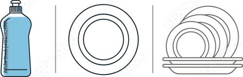 Dishwashing liquid bottle and stack of plates, simple line art illustration