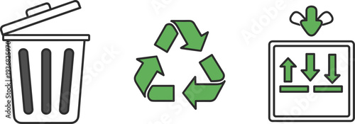 Recycling bin, recycle symbol, and package handling icons on white background