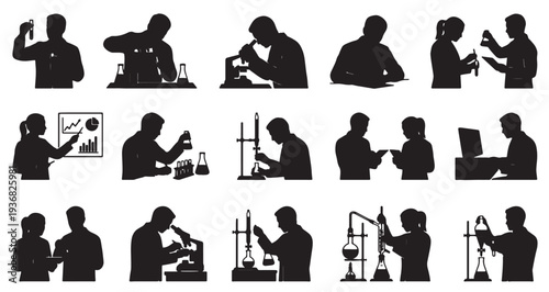 Scientists And Laboratory Silhouette Set Pack. Editable Vector Illustration. featuring scientist, research, laboratory, chemical, experiment, technician, silhouette, vector, illustration more.