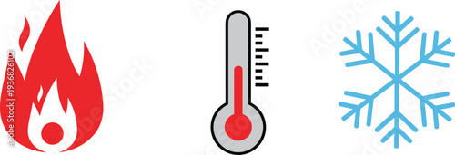 Minimalist Temperature Icon Set Featuring Red Fire Flame Grey Thermometer and Blue Snowflake Symbols for Climate Control Weather and HVAC BrandingMinimalist Temperature Icon Set Featuring 