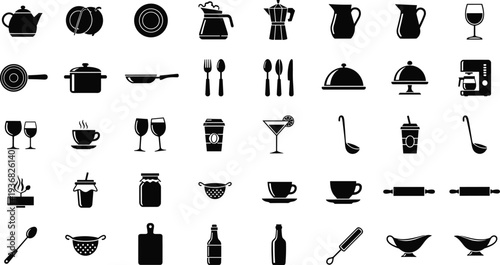 Collection of 40 minimalist black kitchenware icons including pots pans cutlery coffee makers glassware and cooking tools for restaurant menu design