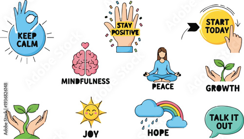 Set of minimalist flat design icons for mental health, self-care, and positive well-being with motivational messages.