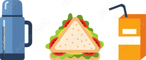 Flat design illustration of a thermos, sandwich, and juice box on a white background