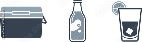 Cooler, bottle, and glass with ice and lemon slice icons on white background
