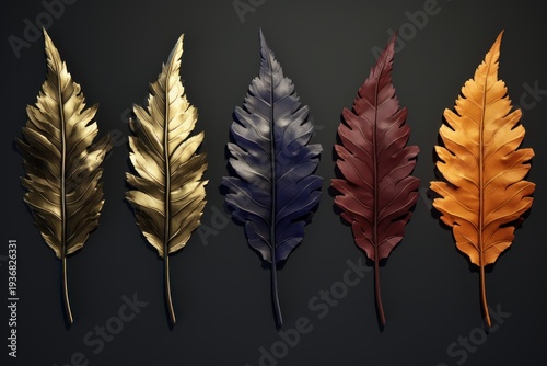 Metallic autumn leaves creating a vibrant artistic composition on a dark background