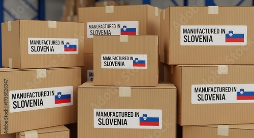 Slovenian Manufacturing - Boxes Labeled Manufactured in Slovenia with National Flag.