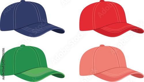 Colorful baseball caps vector illustration, blue, red, green, pink headwear collection, sporty fashion hats isolated on white background, 178 characters.