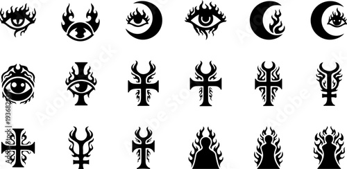 Occult Mystic Symbols and Sacred Flame Eye Black Vector Icon Set