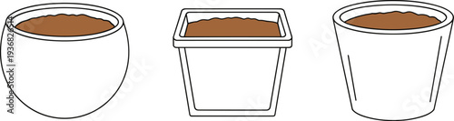 Three different types of planters filled with soil, isolated on a white background